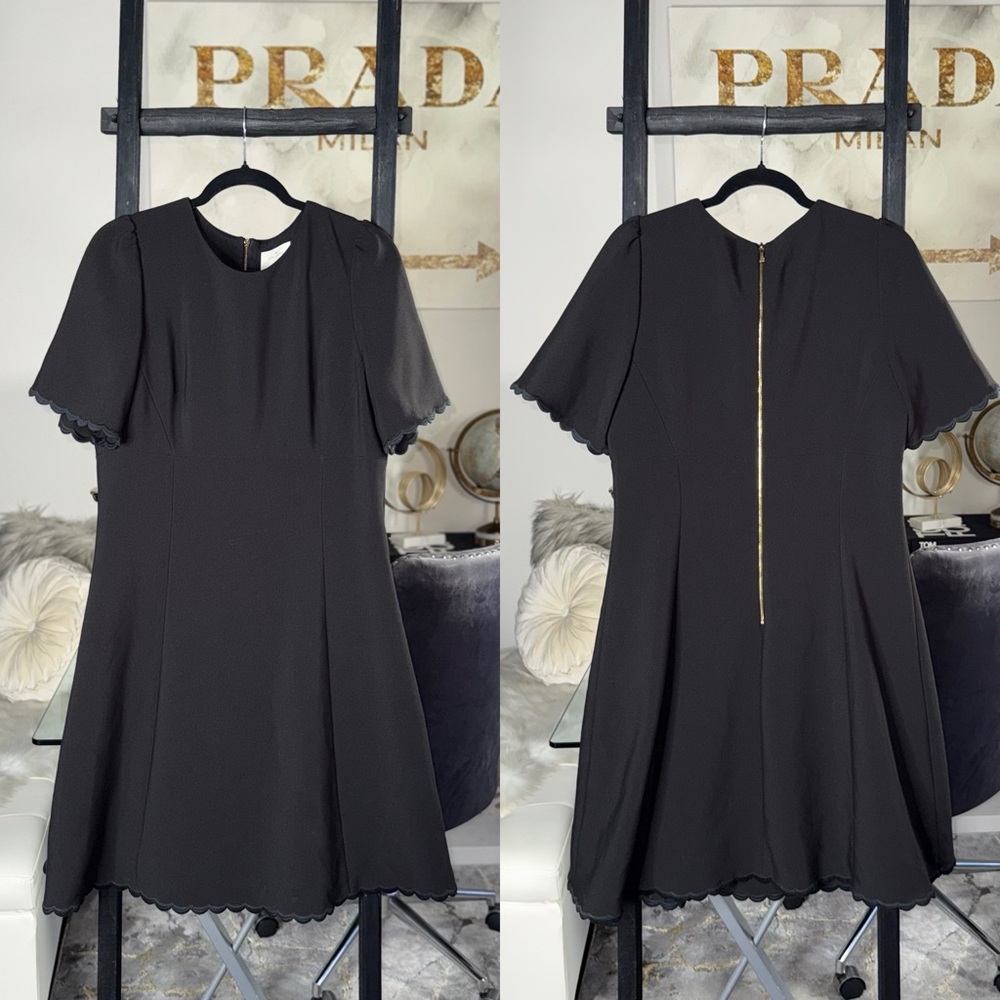 Kate Spade Black Scallop Hem Mini Dress Womens 14 Gold Zip Back Prep Work Office